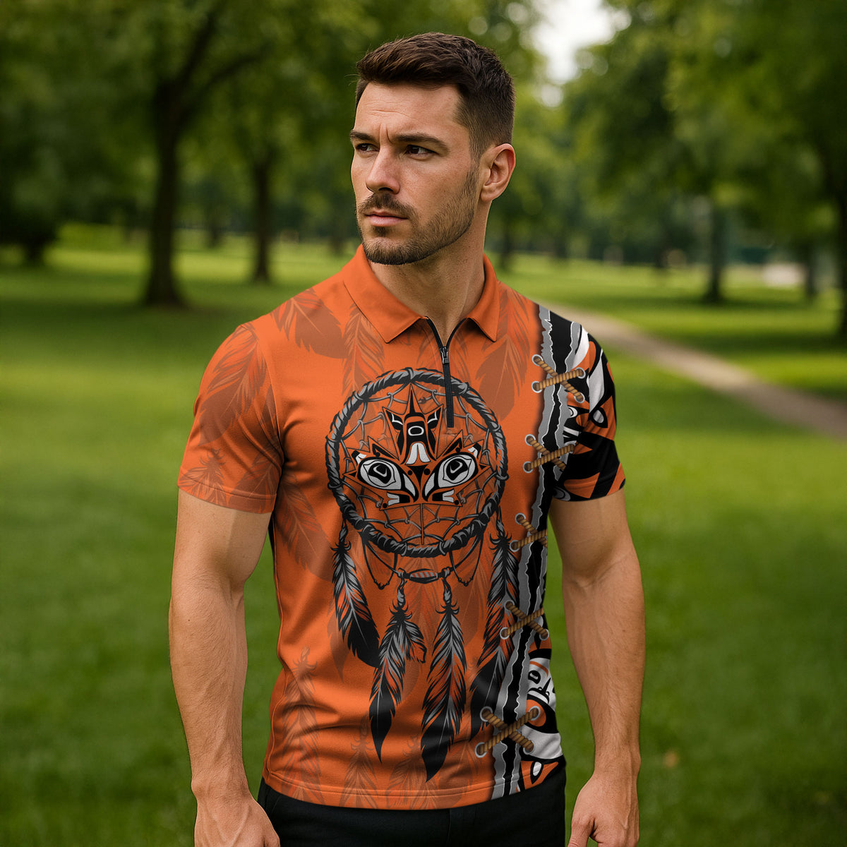 Canada Indigenous Orange Shirt Day Zipper Polo Shirt Haida Dreamcatcher Art