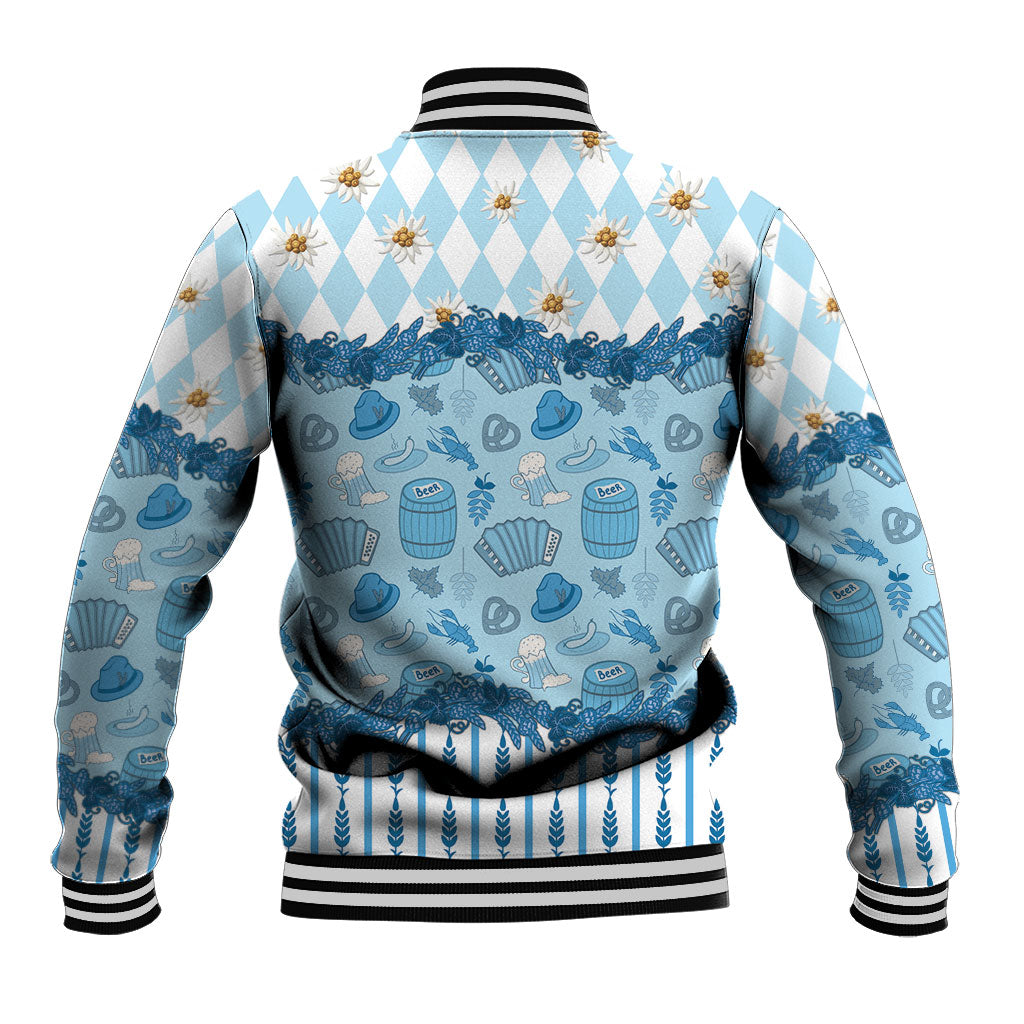 Oktoberfest Bavarian Heritage Baseball Jacket Edelweiss Beer Festival Blue Pattern