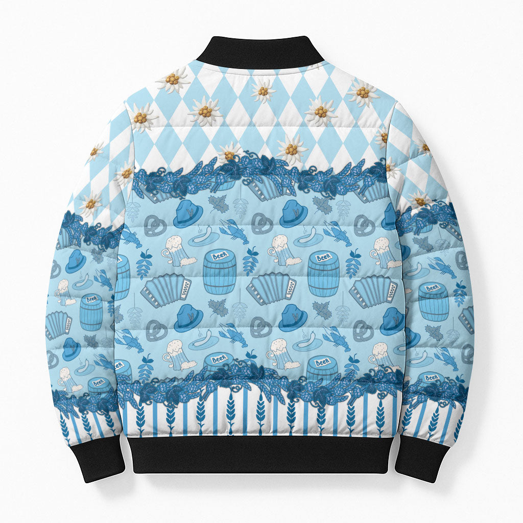 Oktoberfest Bavarian Heritage Bomber Puffer Jacket Edelweiss Beer Festival Blue Pattern