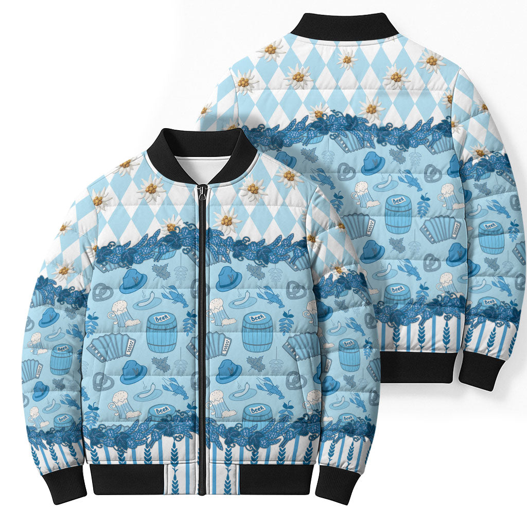 Oktoberfest Bavarian Heritage Bomber Puffer Jacket Edelweiss Beer Festival Blue Pattern