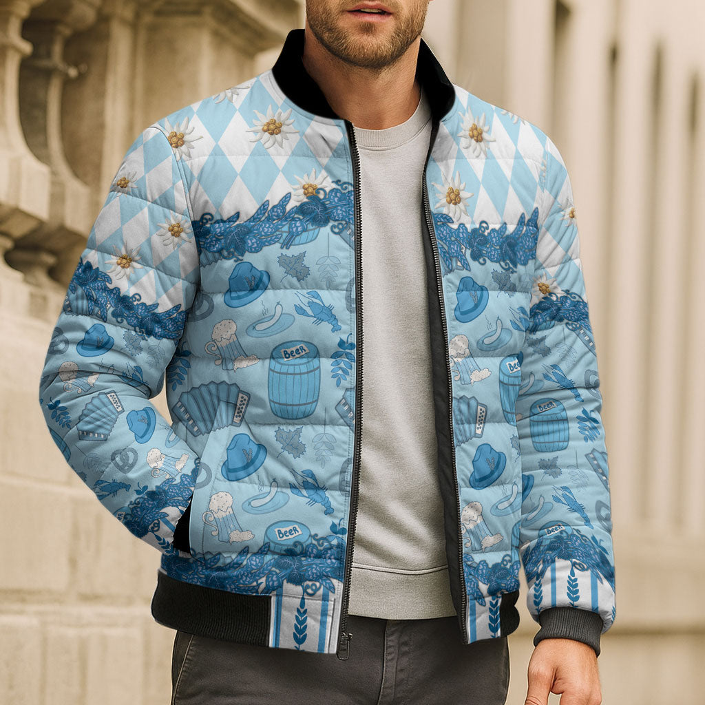 Oktoberfest Bavarian Heritage Bomber Puffer Jacket Edelweiss Beer Festival Blue Pattern