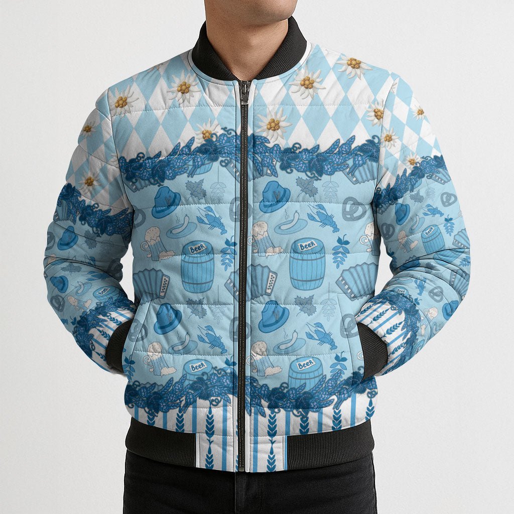 Oktoberfest Bavarian Heritage Bomber Puffer Jacket Edelweiss Beer Festival Blue Pattern