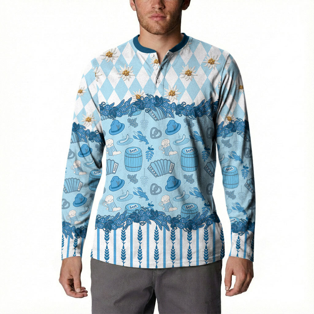 Oktoberfest Bavarian Heritage Button Sweatshirt Edelweiss Beer Festival Blue Pattern