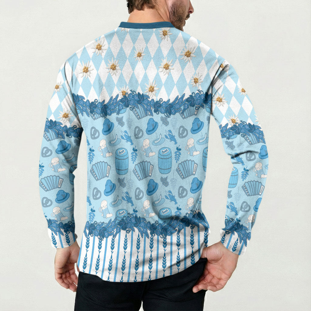 Oktoberfest Bavarian Heritage Button Sweatshirt Edelweiss Beer Festival Blue Pattern