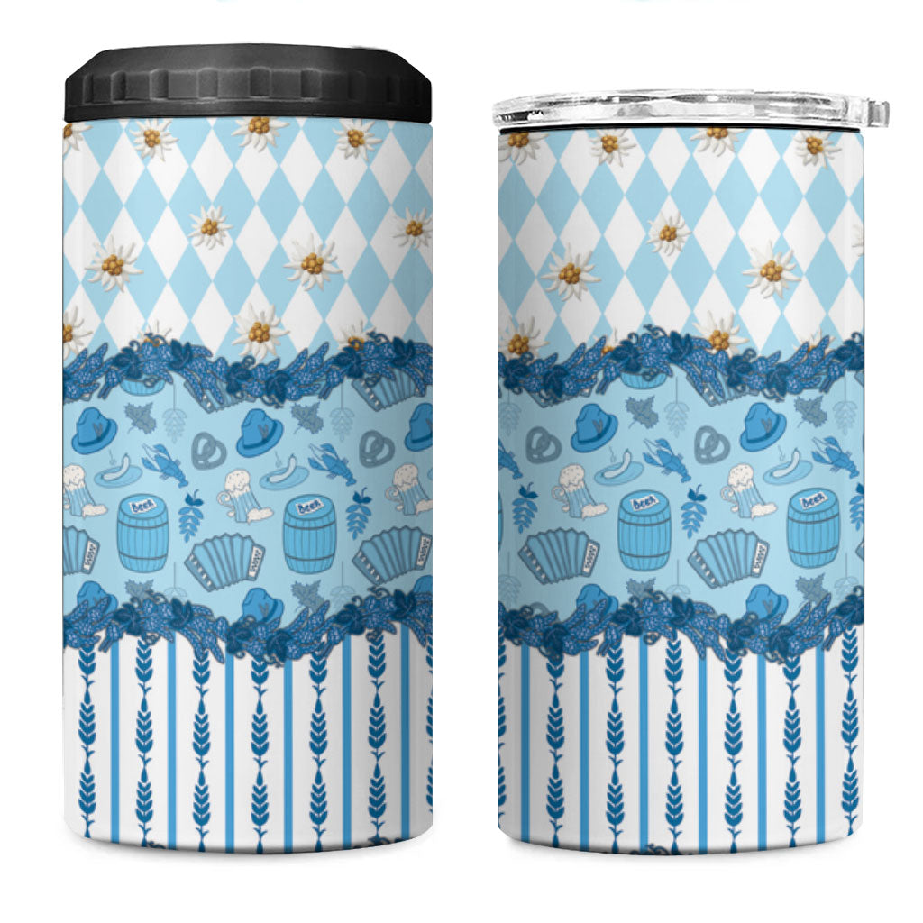 Oktoberfest Bavarian Heritage 4 in 1 Can Cooler Tumbler Edelweiss Beer Festival Blue Pattern
