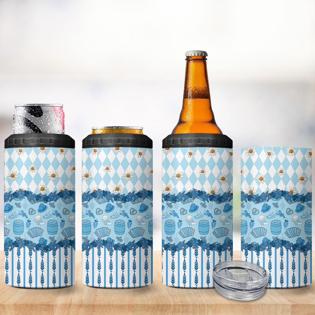 Oktoberfest Bavarian Heritage 4 in 1 Can Cooler Tumbler Edelweiss Beer Festival Blue Pattern