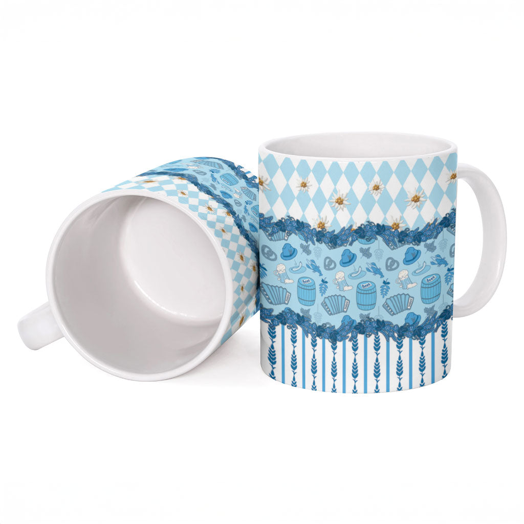 Oktoberfest Bavarian Heritage Ceramic Mug Edelweiss Beer Festival Blue Pattern