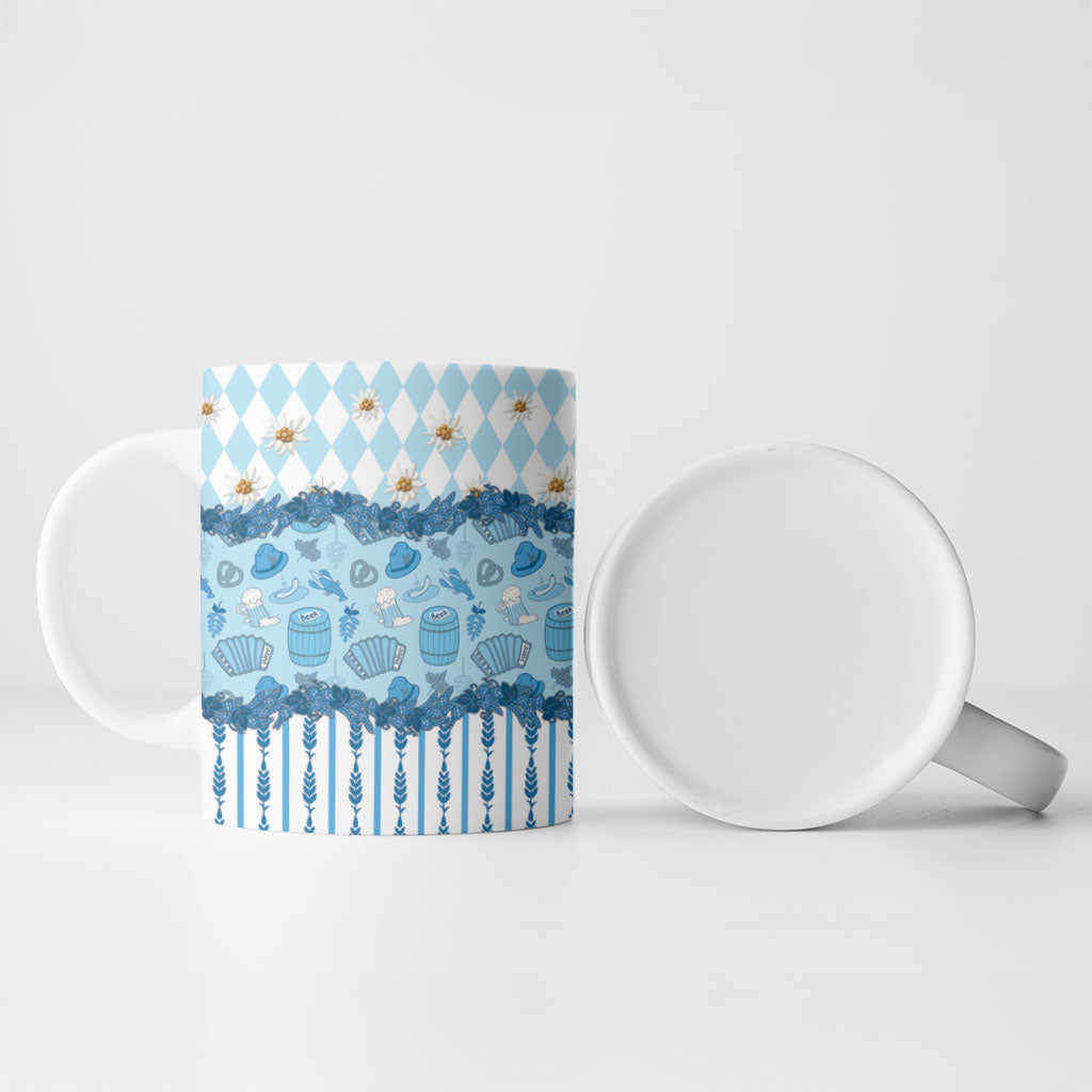Oktoberfest Bavarian Heritage Ceramic Mug Edelweiss Beer Festival Blue Pattern