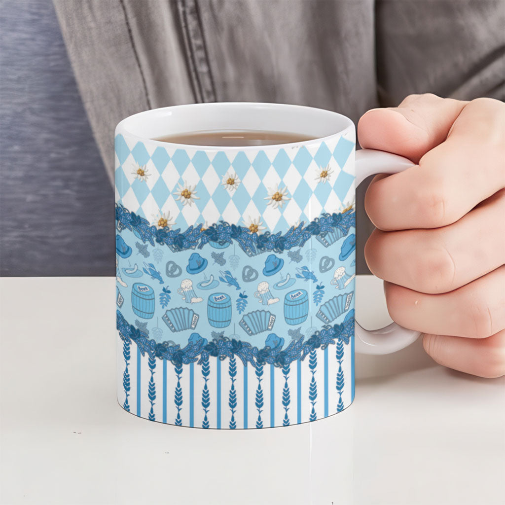 Oktoberfest Bavarian Heritage Ceramic Mug Edelweiss Beer Festival Blue Pattern