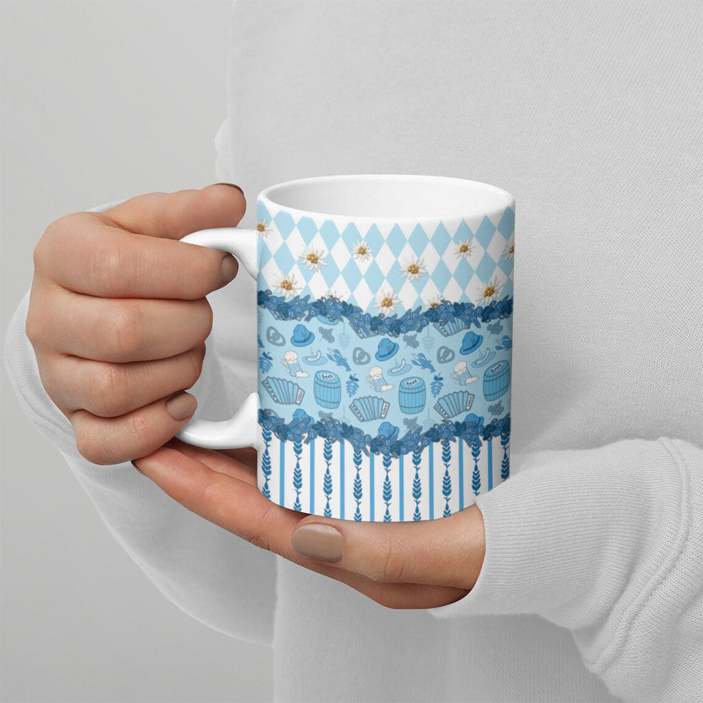 Oktoberfest Bavarian Heritage Ceramic Mug Edelweiss Beer Festival Blue Pattern