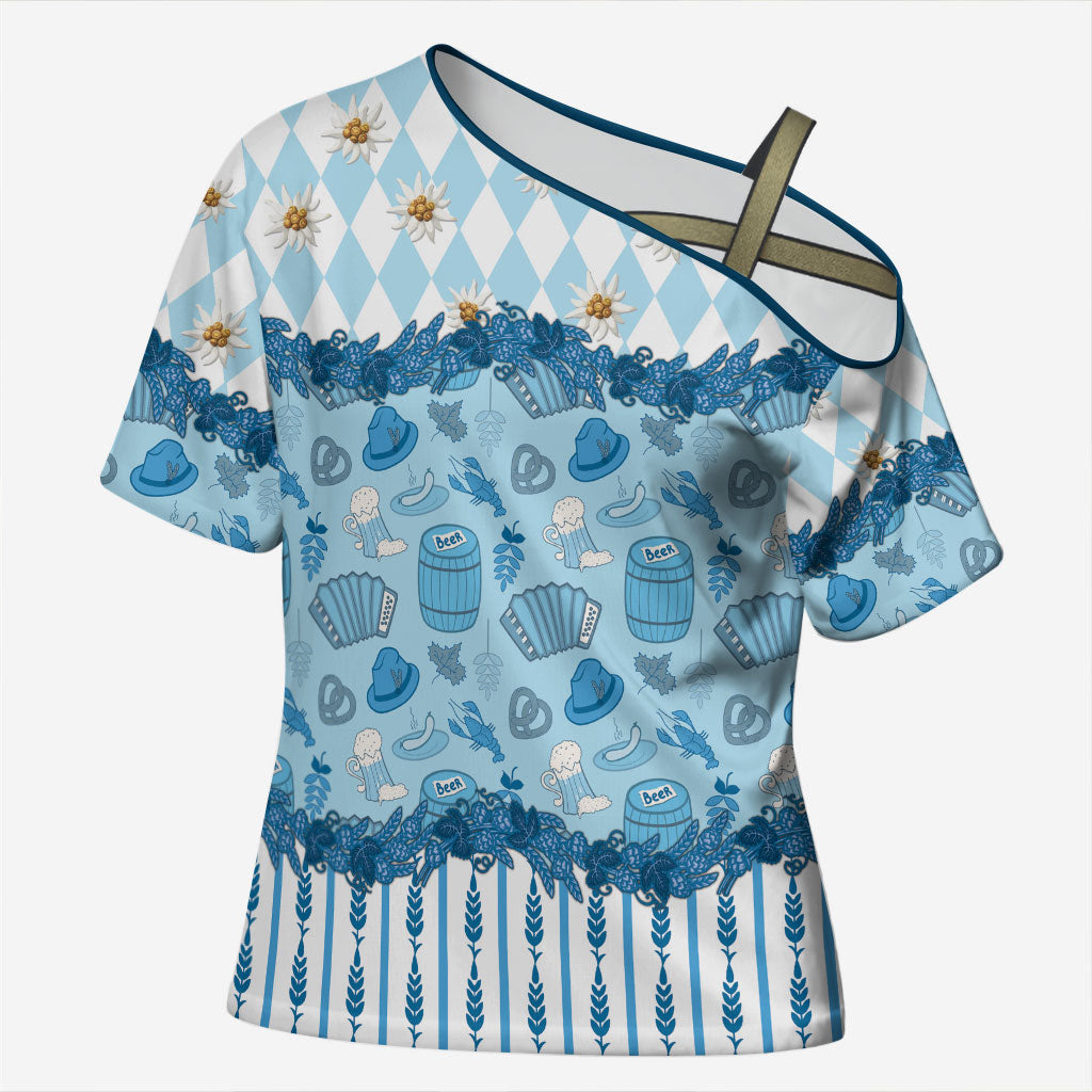 Oktoberfest Bavarian Heritage Cross Shoulder Shirt Edelweiss Beer Festival Blue Pattern