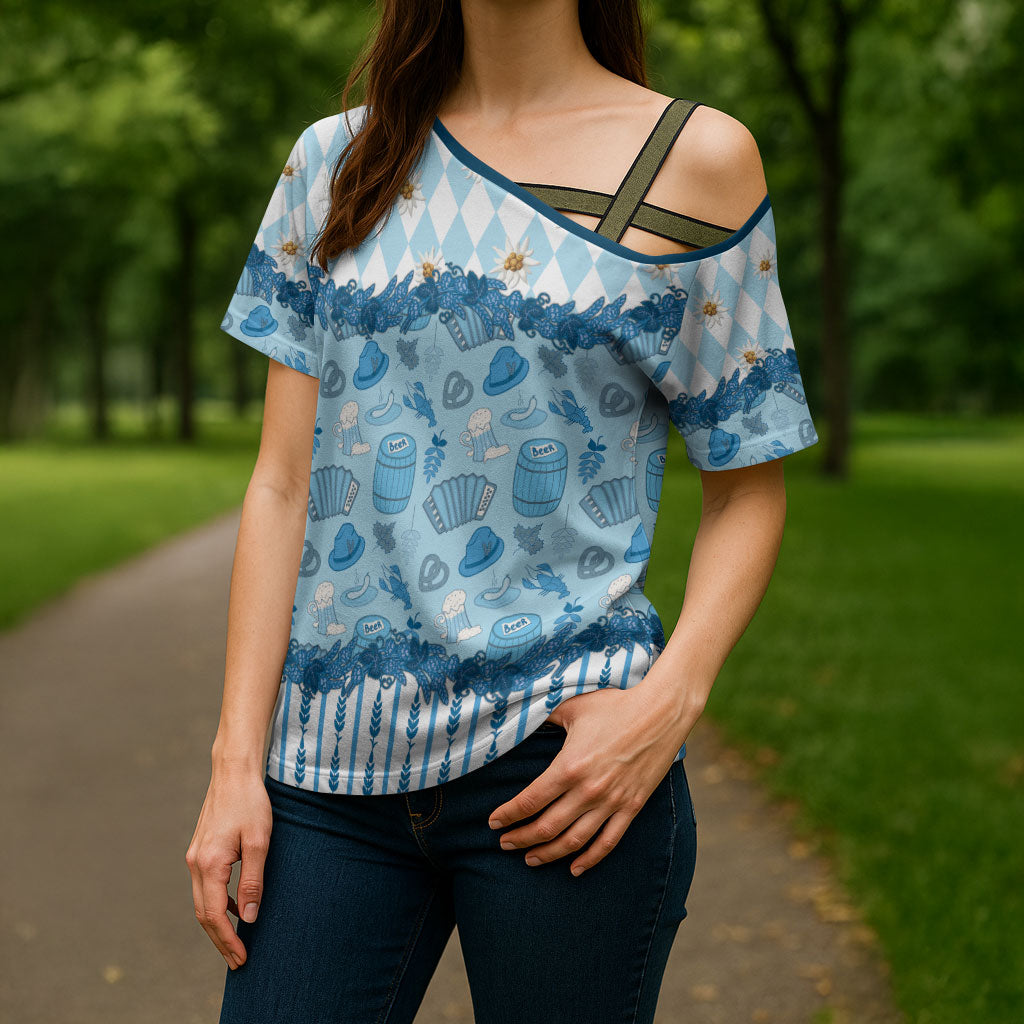 Oktoberfest Bavarian Heritage Cross Shoulder Shirt Edelweiss Beer Festival Blue Pattern