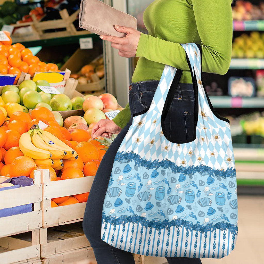 Oktoberfest Bavarian Heritage Grocery Bag Edelweiss Beer Festival Blue Pattern