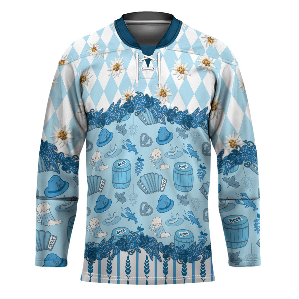 Oktoberfest Bavarian Heritage Hockey Jersey Edelweiss Beer Festival Blue Pattern