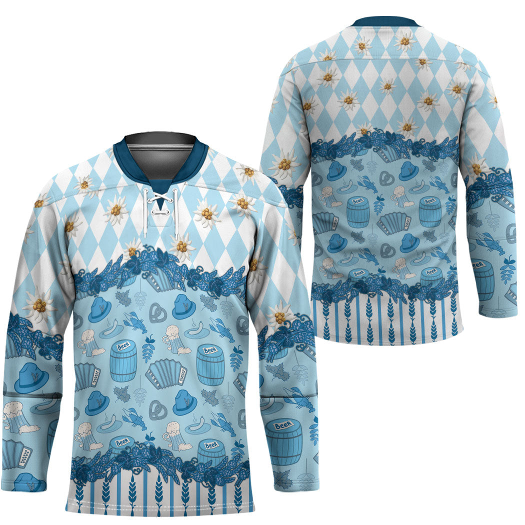 Oktoberfest Bavarian Heritage Hockey Jersey Edelweiss Beer Festival Blue Pattern