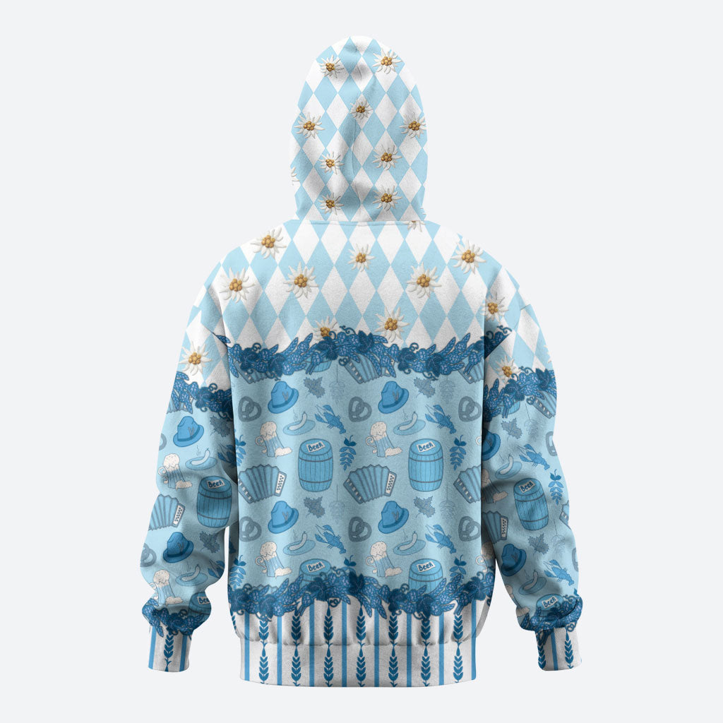 Oktoberfest Bavarian Heritage Hoodie Edelweiss Beer Festival Blue Pattern