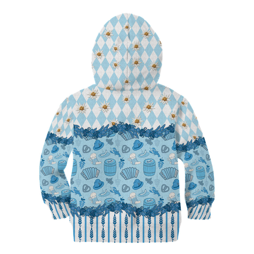 Oktoberfest Bavarian Heritage Kid Hoodie Edelweiss Beer Festival Blue Pattern