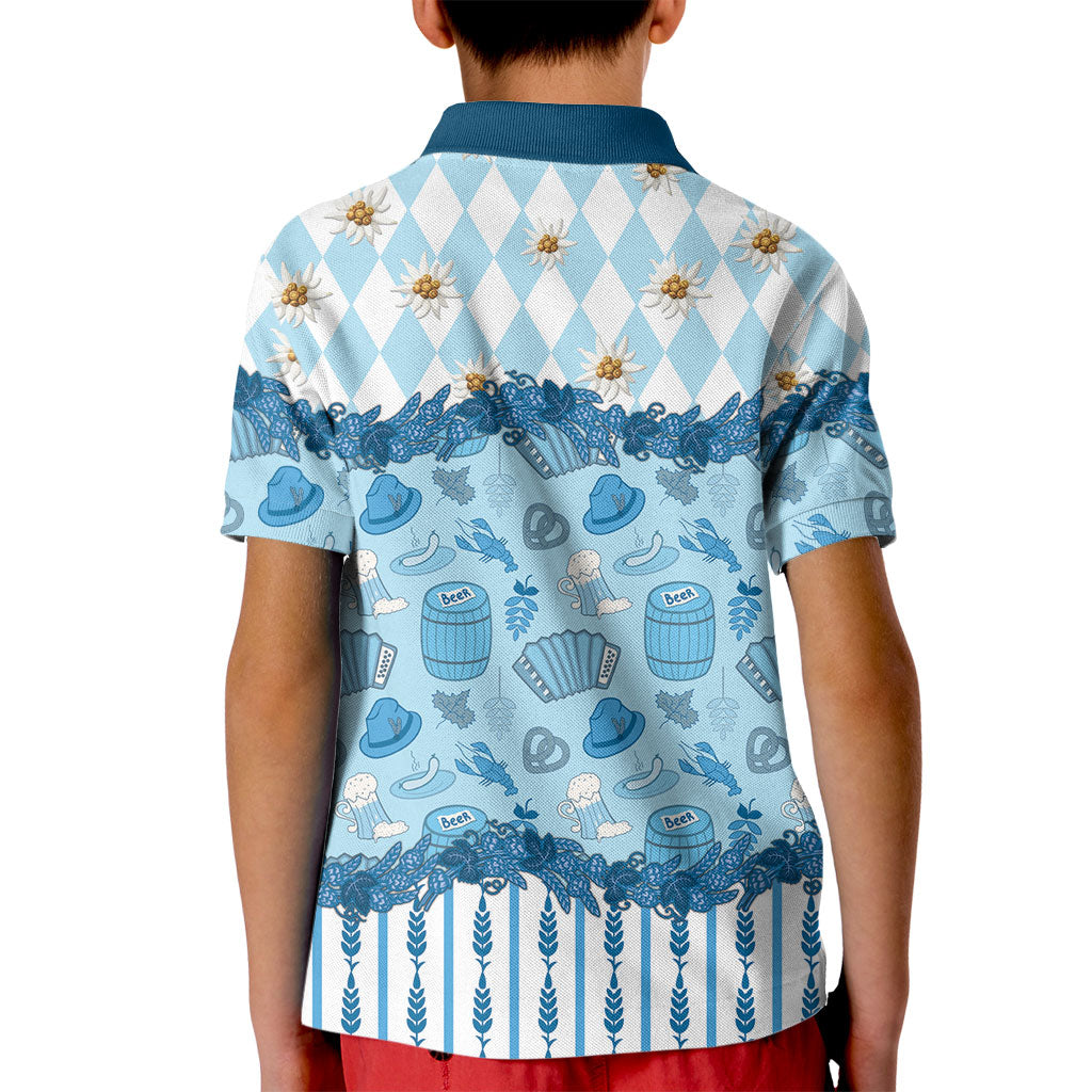 Oktoberfest Bavarian Heritage Kid Polo Shirt Edelweiss Beer Festival Blue Pattern