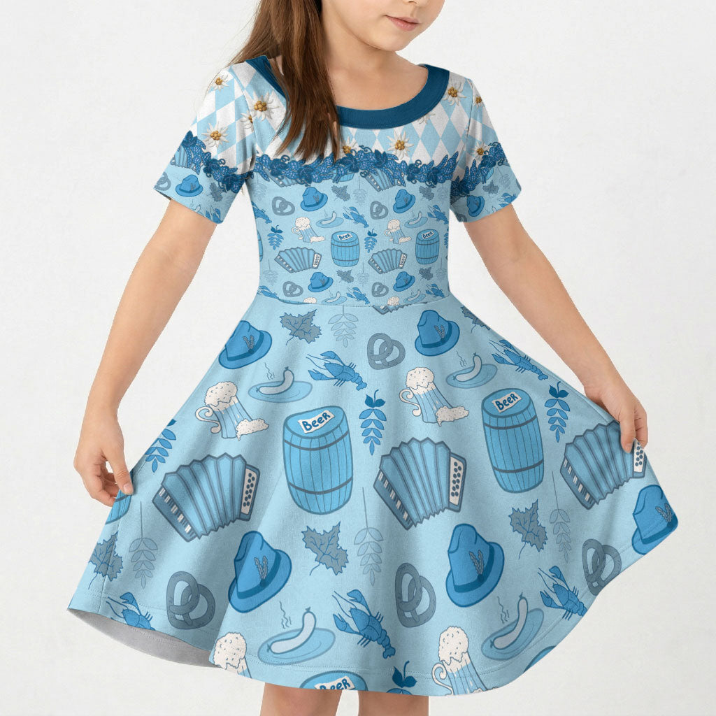 Oktoberfest Bavarian Heritage Kid Short Sleeve Dress Edelweiss Beer Festival Blue Pattern
