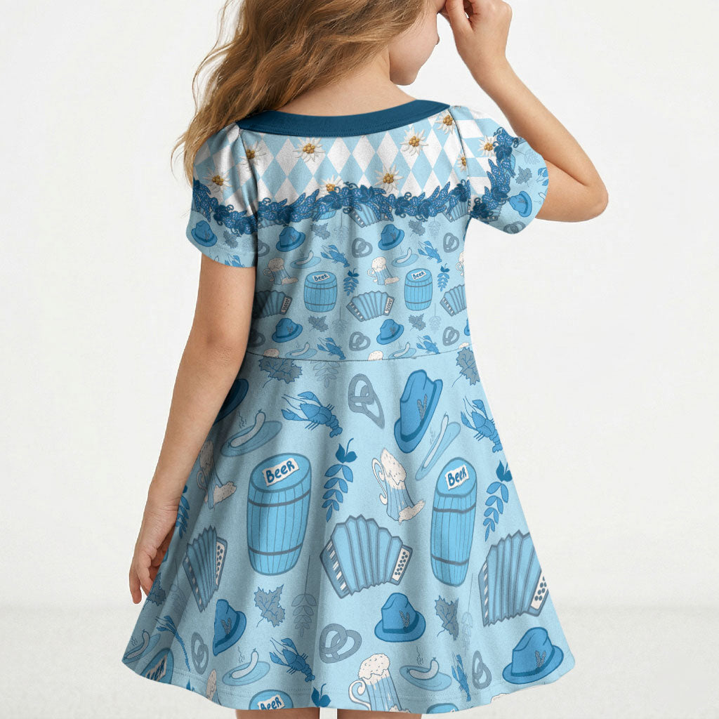 Oktoberfest Bavarian Heritage Kid Short Sleeve Dress Edelweiss Beer Festival Blue Pattern