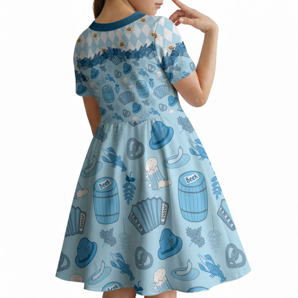Oktoberfest Bavarian Heritage Kid Short Sleeve Dress Edelweiss Beer Festival Blue Pattern