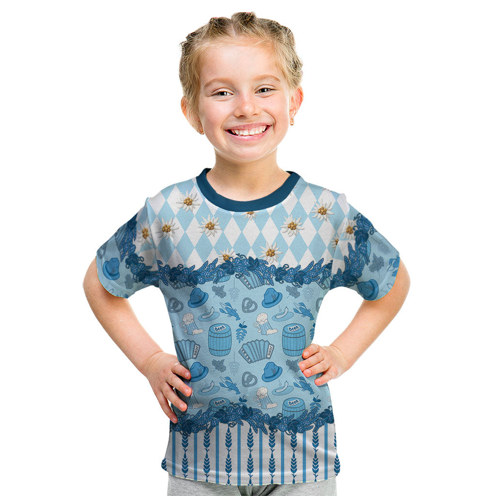 Oktoberfest Bavarian Heritage Kid T Shirt Edelweiss Beer Festival Blue Pattern