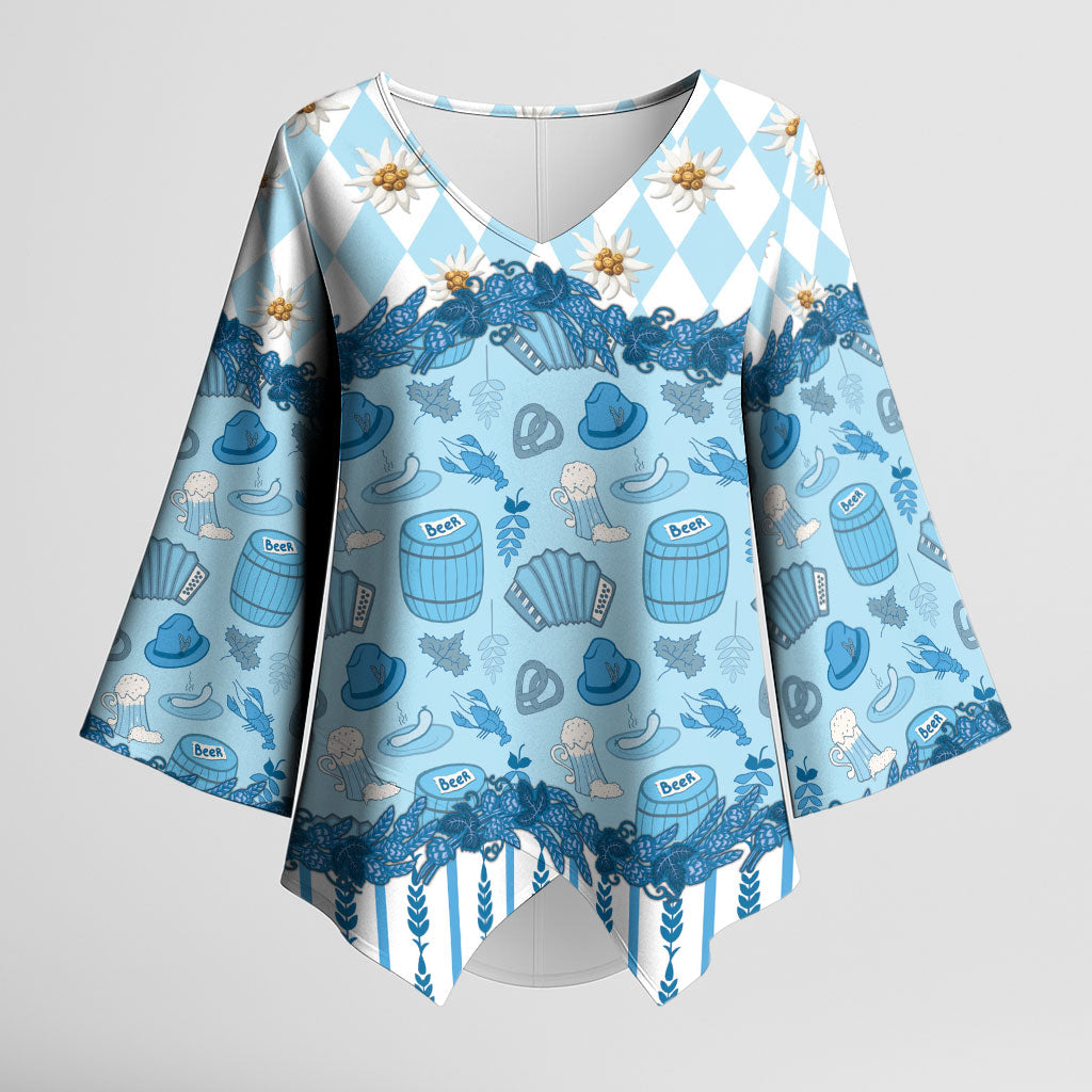 Oktoberfest Bavarian Heritage Kimono Sleeve Blouse Edelweiss Beer Festival Blue Pattern