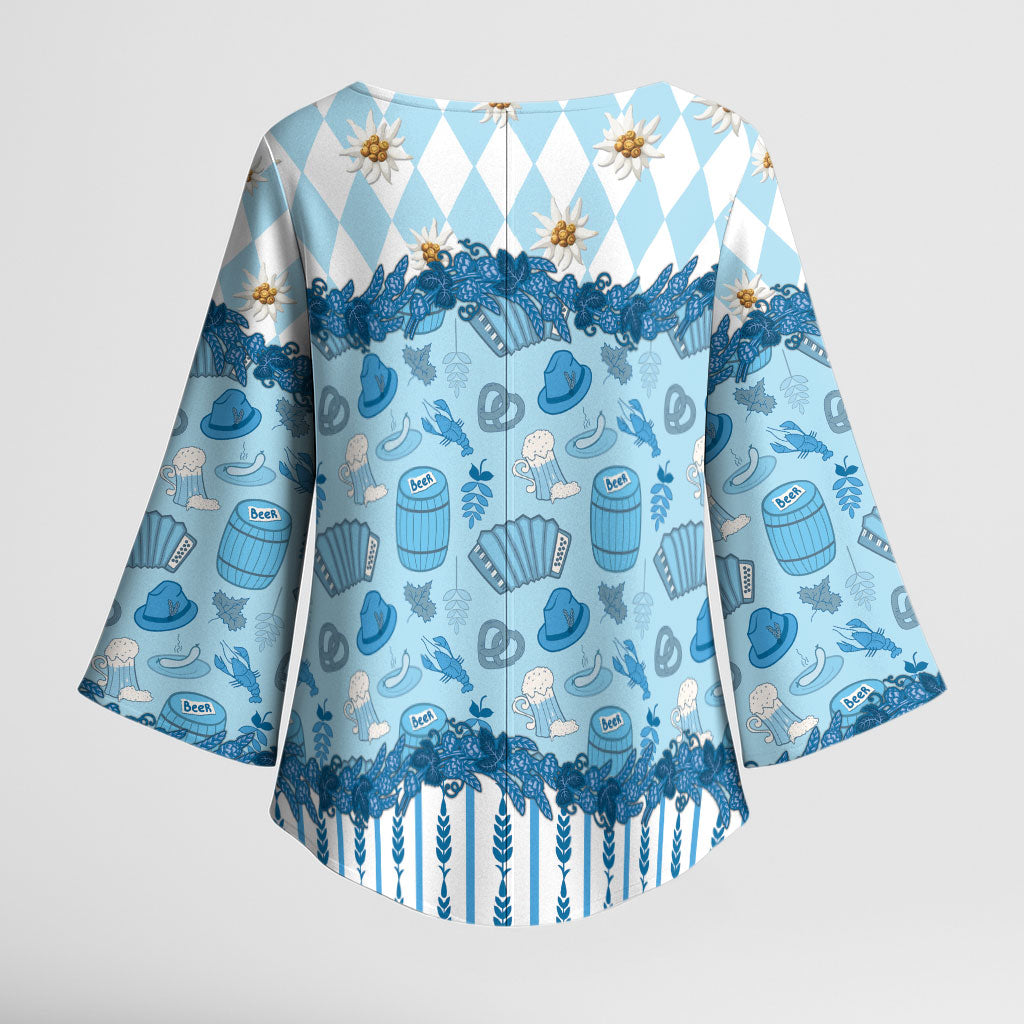 Oktoberfest Bavarian Heritage Kimono Sleeve Blouse Edelweiss Beer Festival Blue Pattern
