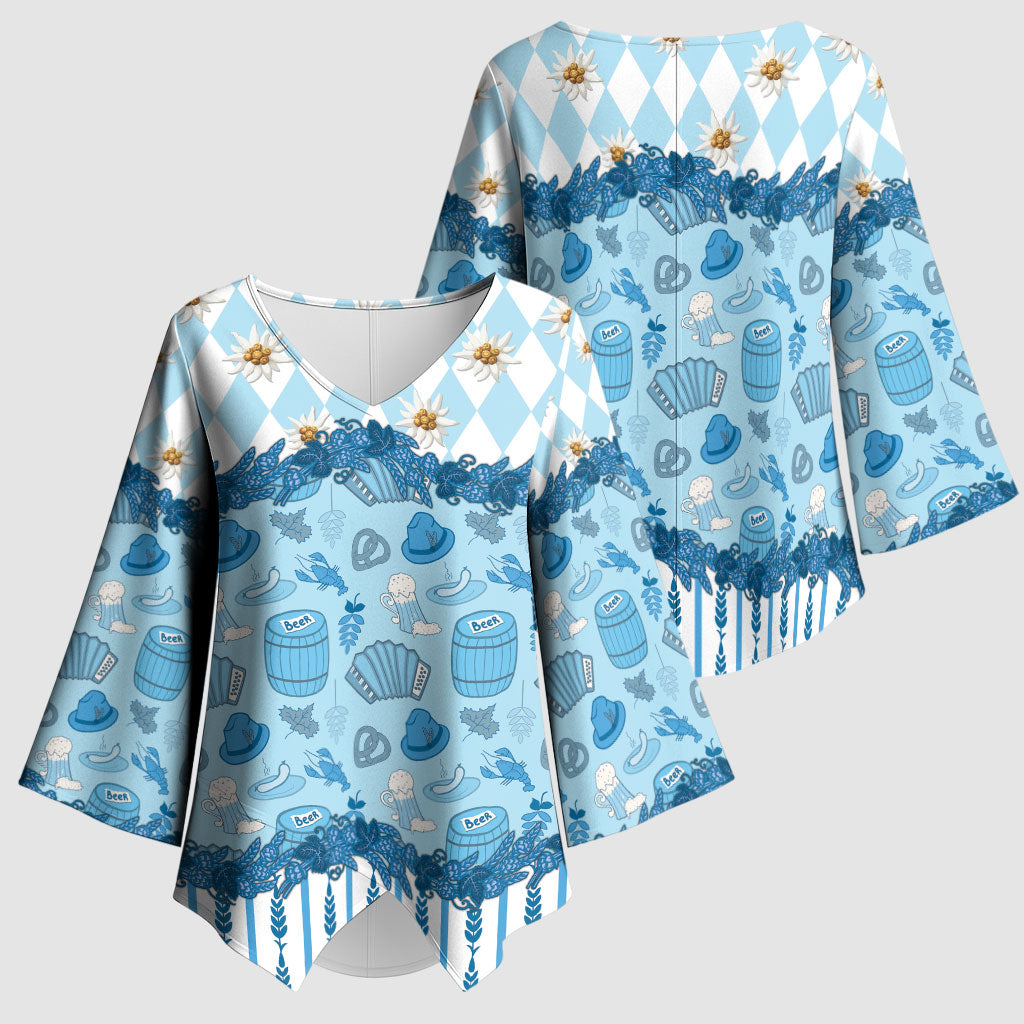 Oktoberfest Bavarian Heritage Kimono Sleeve Blouse Edelweiss Beer Festival Blue Pattern