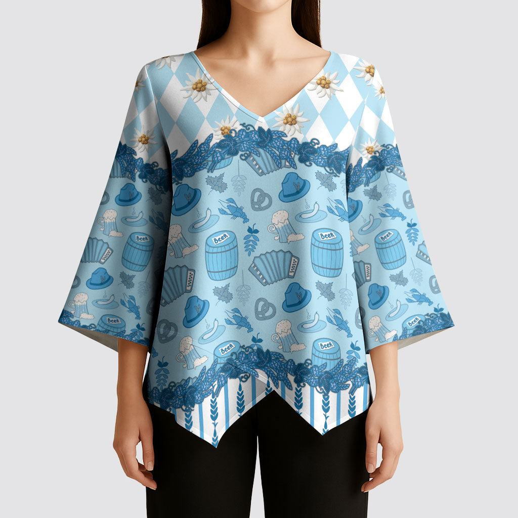 Oktoberfest Bavarian Heritage Kimono Sleeve Blouse Edelweiss Beer Festival Blue Pattern
