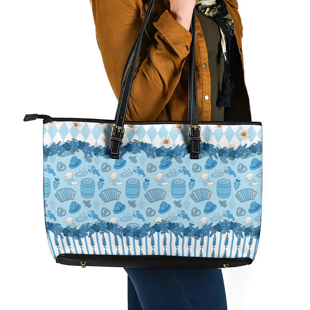 Oktoberfest Bavarian Heritage Leather Tote Bag Edelweiss Beer Festival Blue Pattern