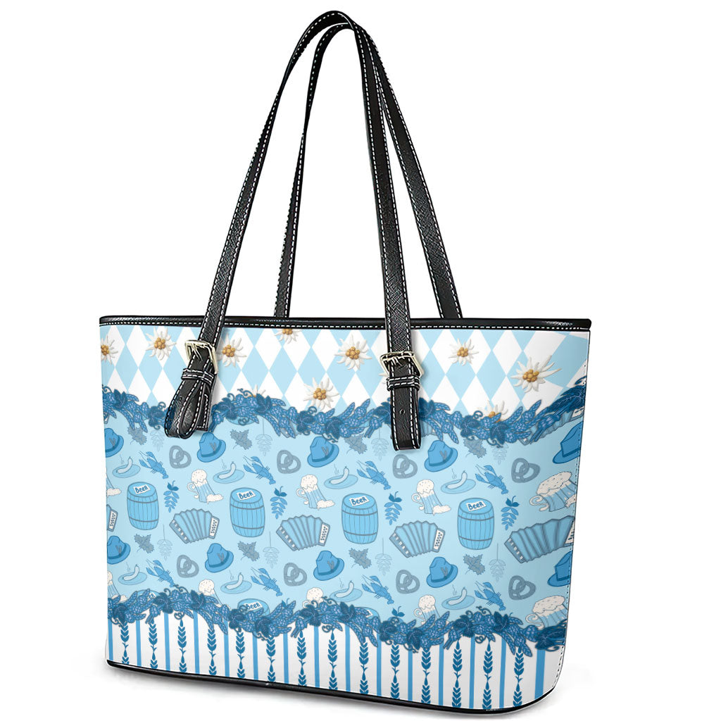 Oktoberfest Bavarian Heritage Leather Tote Bag Edelweiss Beer Festival Blue Pattern