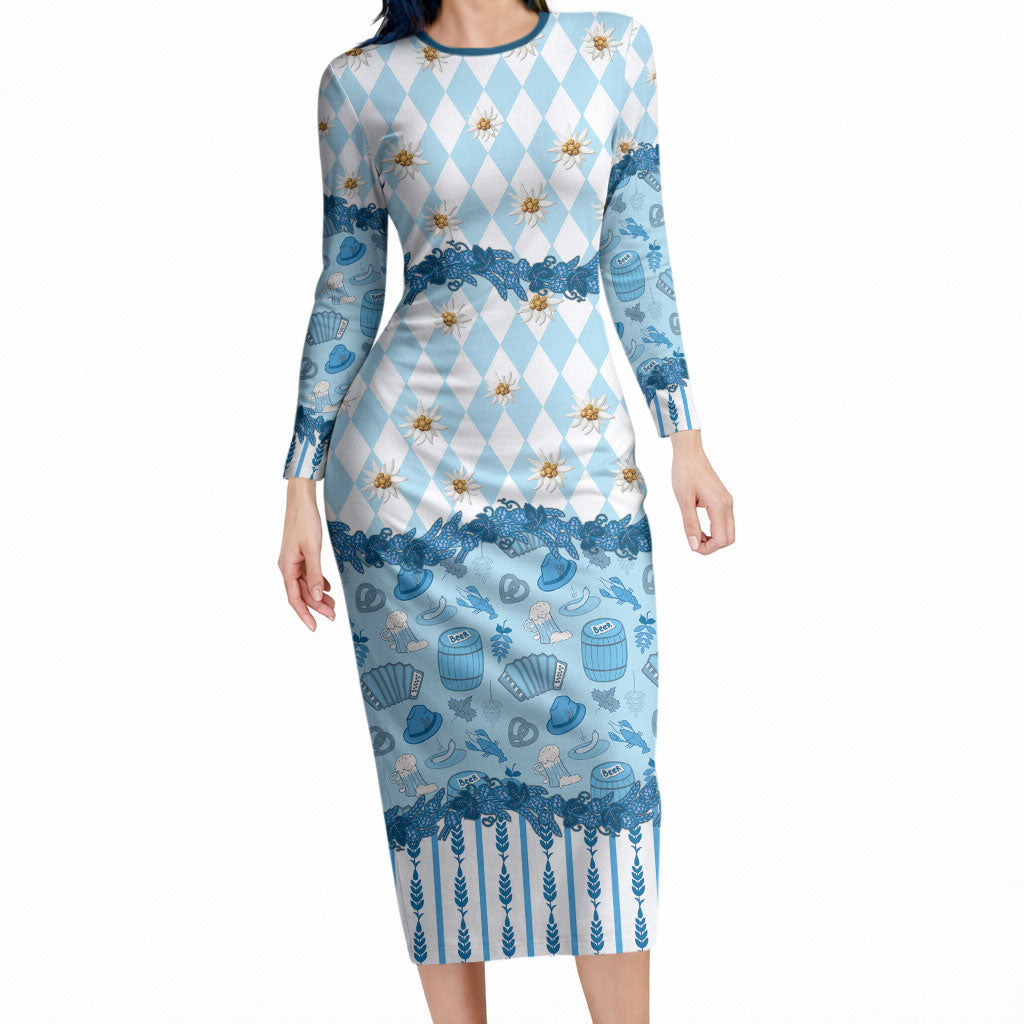 Oktoberfest Bavarian Heritage Long Sleeve Bodycon Dress Edelweiss Beer Festival Blue Pattern