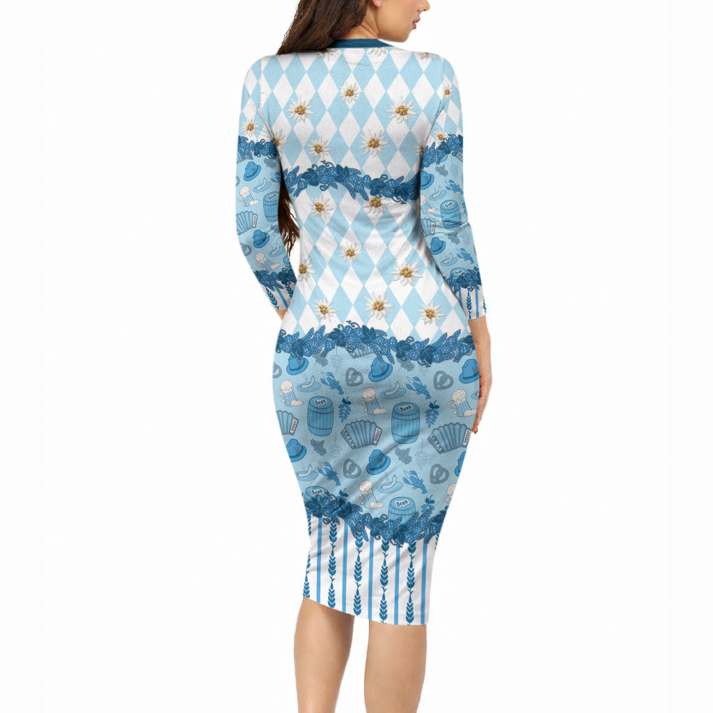 Oktoberfest Bavarian Heritage Long Sleeve Bodycon Dress Edelweiss Beer Festival Blue Pattern