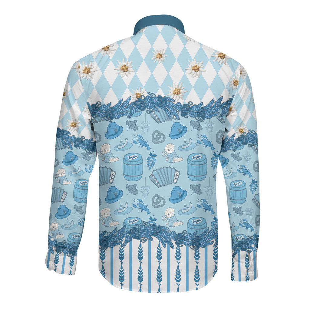 Oktoberfest Bavarian Heritage Long Sleeve Button Shirt Edelweiss Beer Festival Blue Pattern