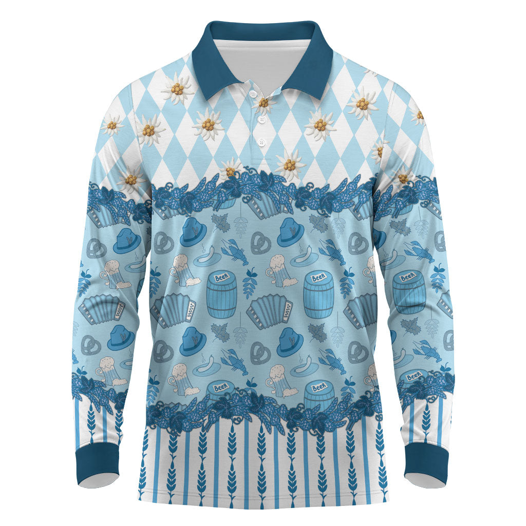 Oktoberfest Bavarian Heritage Long Sleeve Polo Shirt Edelweiss Beer Festival Blue Pattern