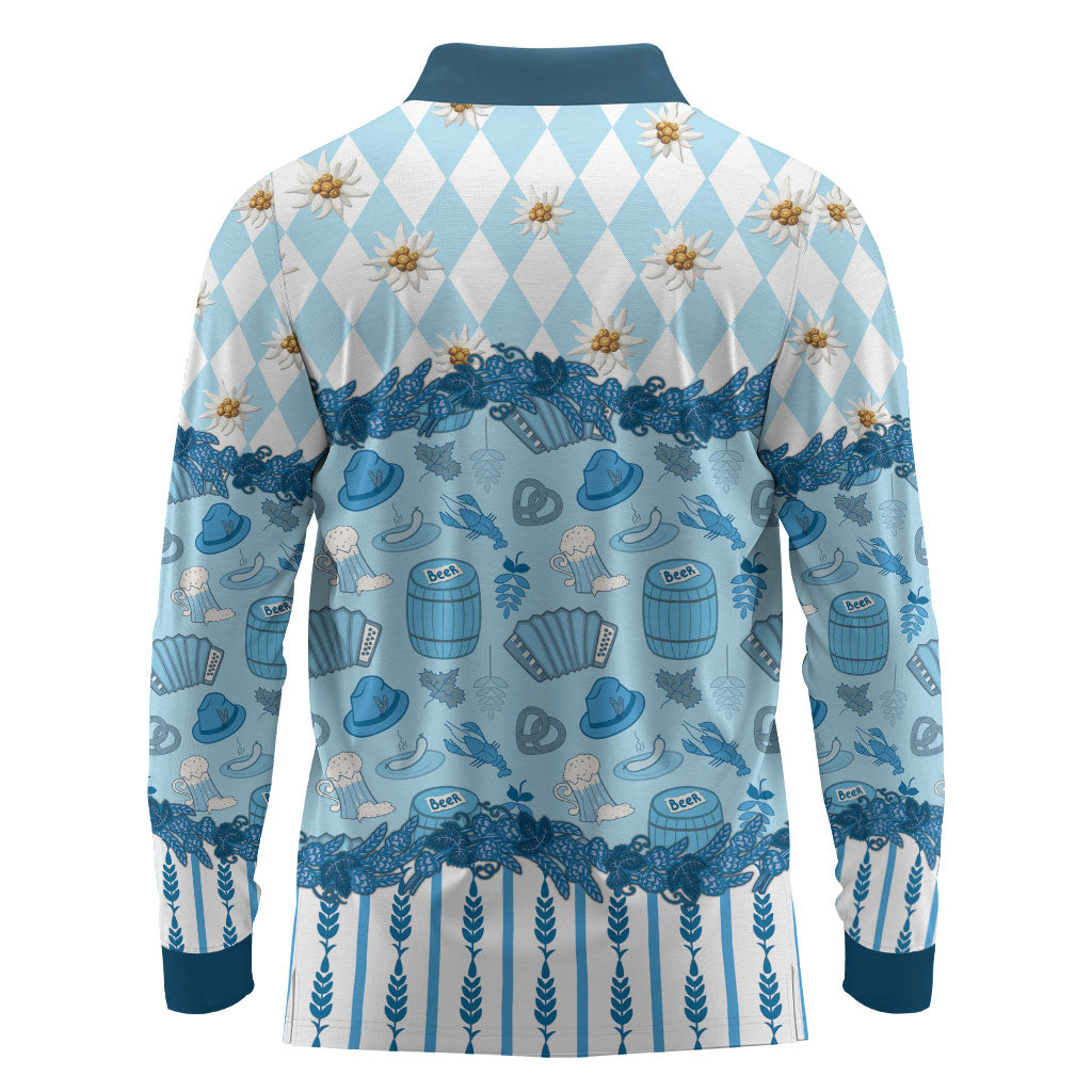 Oktoberfest Bavarian Heritage Long Sleeve Polo Shirt Edelweiss Beer Festival Blue Pattern