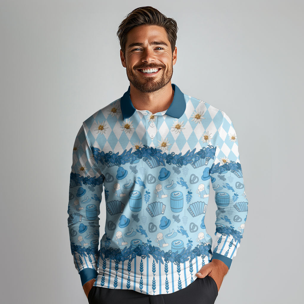 Oktoberfest Bavarian Heritage Long Sleeve Polo Shirt Edelweiss Beer Festival Blue Pattern