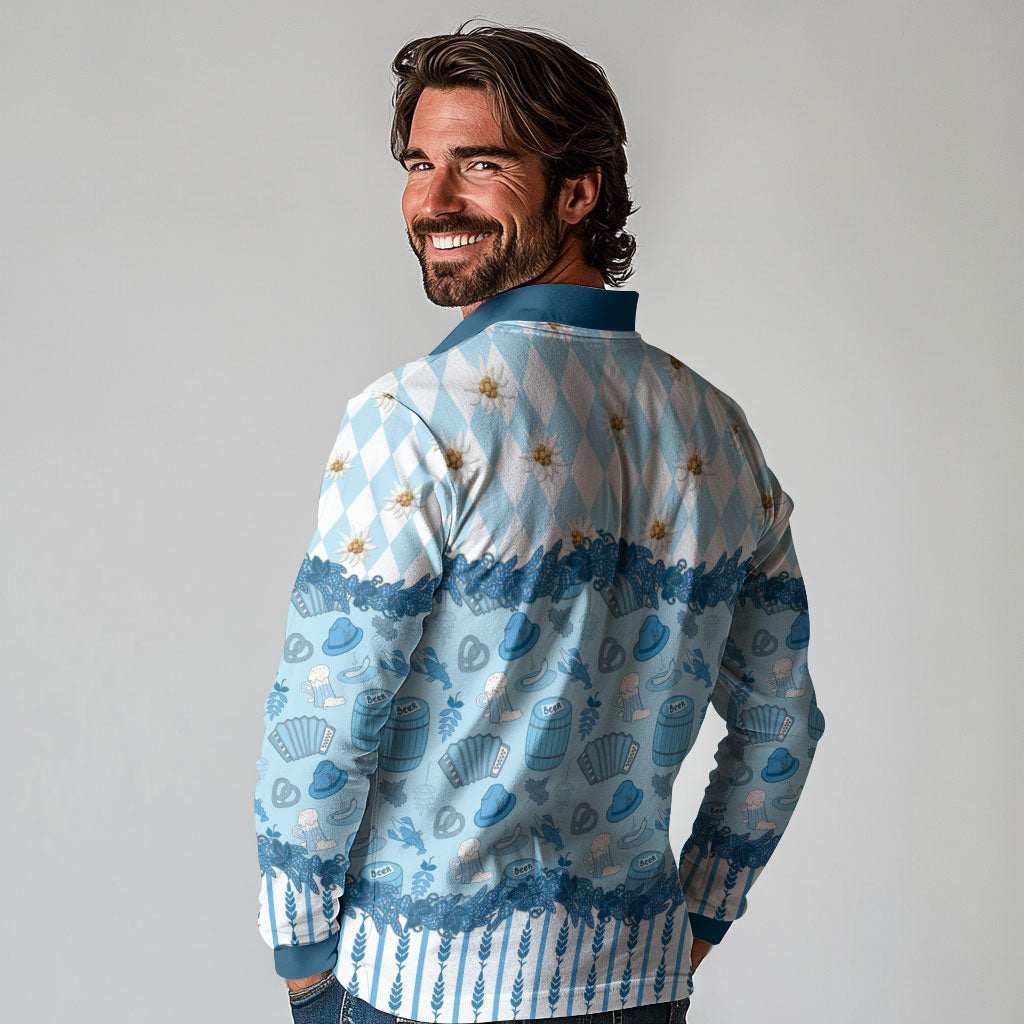 Oktoberfest Bavarian Heritage Long Sleeve Polo Shirt Edelweiss Beer Festival Blue Pattern