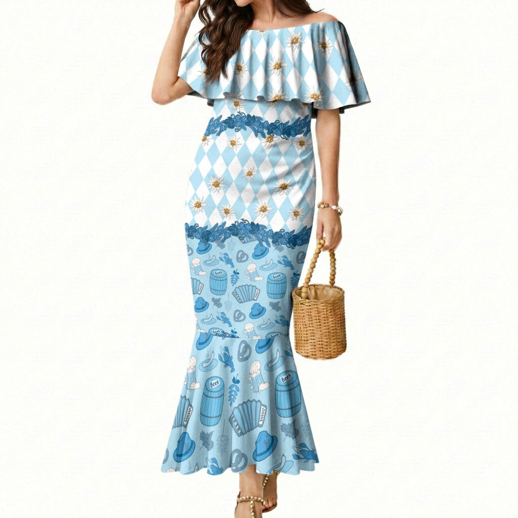 Oktoberfest Bavarian Heritage Mermaid Dress Edelweiss Beer Festival Blue Pattern