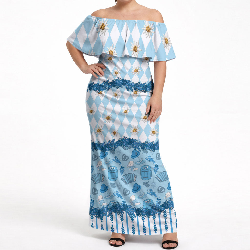 Oktoberfest Bavarian Heritage Off Shoulder Maxi Dress Edelweiss Beer Festival Blue Pattern