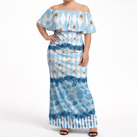 Oktoberfest Bavarian Heritage Off Shoulder Maxi Dress Edelweiss Beer Festival Blue Pattern