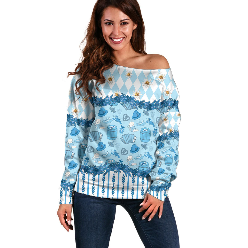Oktoberfest Bavarian Heritage Off Shoulder Sweater Edelweiss Beer Festival Blue Pattern