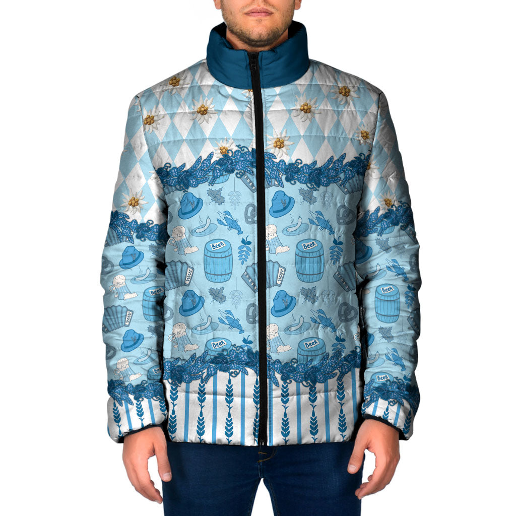 Oktoberfest Bavarian Heritage Padded Jacket Edelweiss Beer Festival Blue Pattern