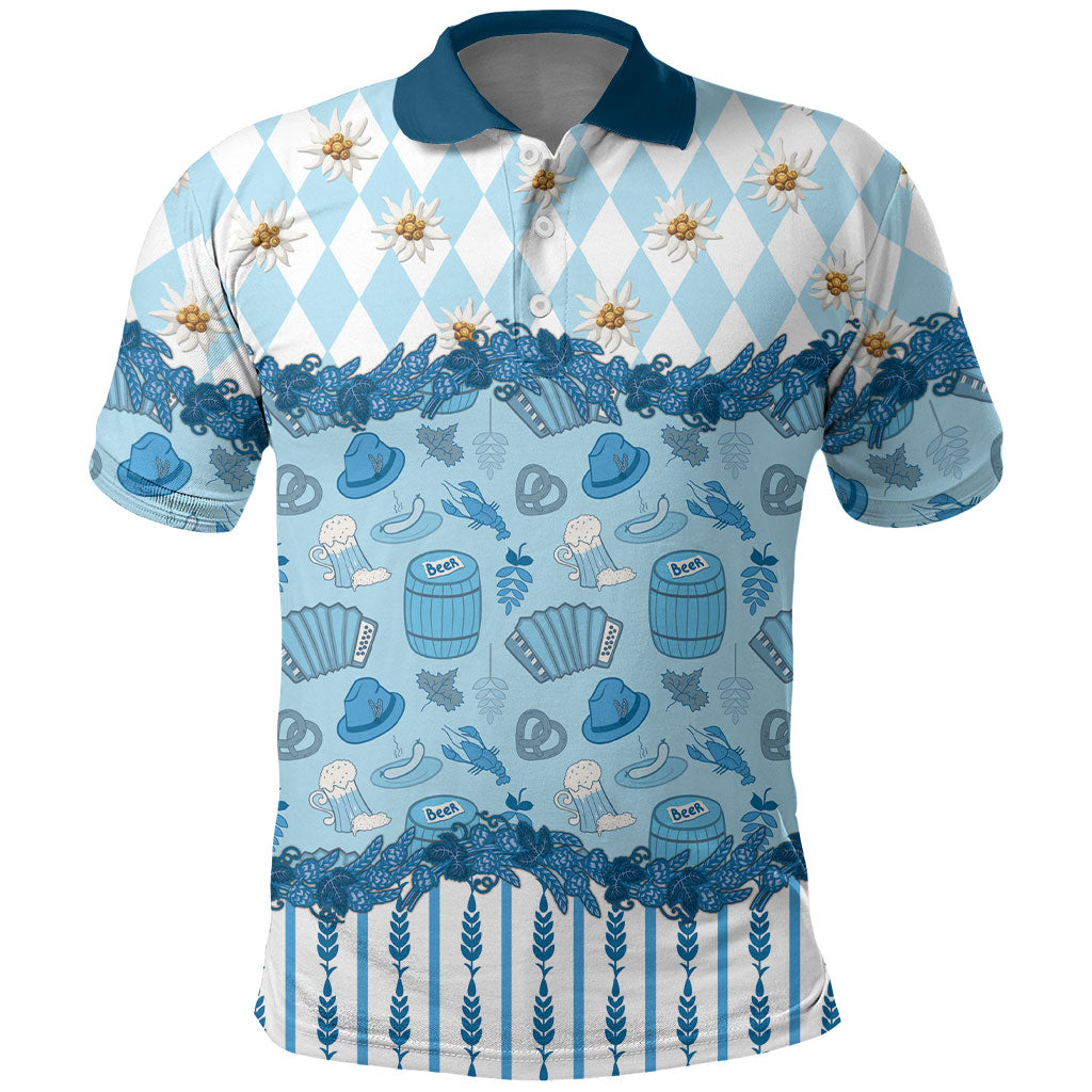 Oktoberfest Bavarian Heritage Polo Shirt Edelweiss Beer Festival Blue Pattern