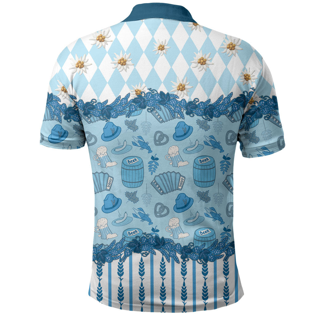 Oktoberfest Bavarian Heritage Polo Shirt Edelweiss Beer Festival Blue Pattern