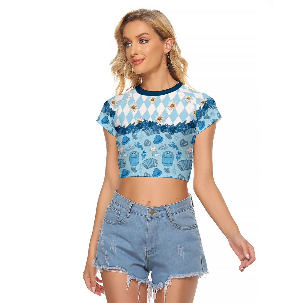 Oktoberfest Bavarian Heritage Raglan Cropped T Shirt Edelweiss Beer Festival Blue Pattern