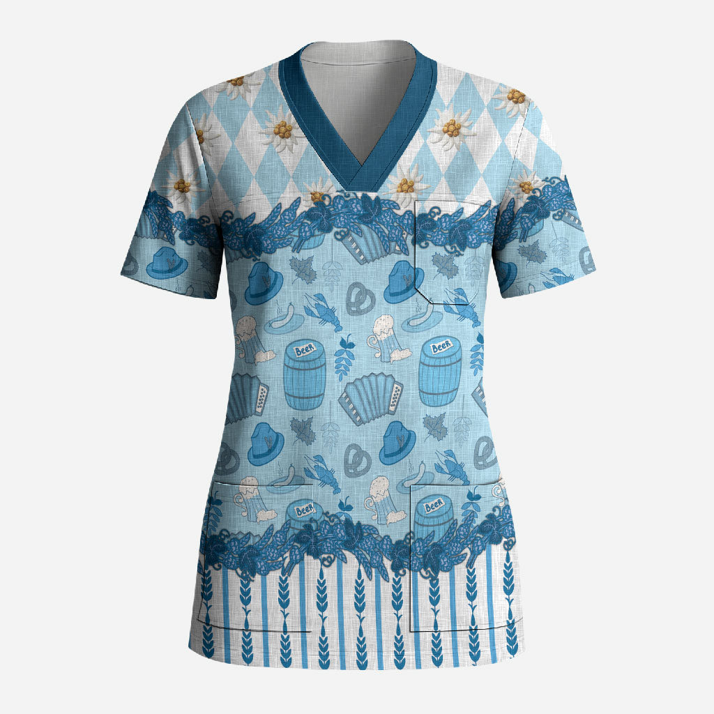 Oktoberfest Bavarian Heritage Scrub Top Edelweiss Beer Festival Blue Pattern