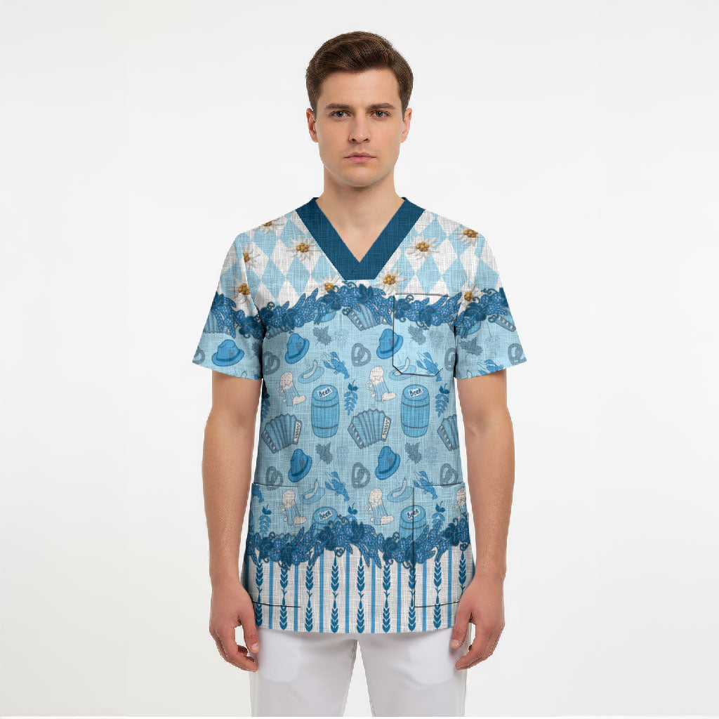 Oktoberfest Bavarian Heritage Scrub Top Edelweiss Beer Festival Blue Pattern