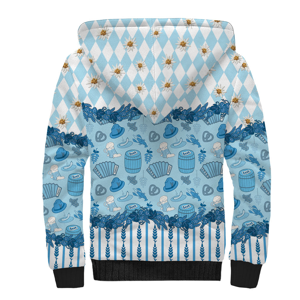 Oktoberfest Bavarian Heritage Sherpa Hoodie Edelweiss Beer Festival Blue Pattern